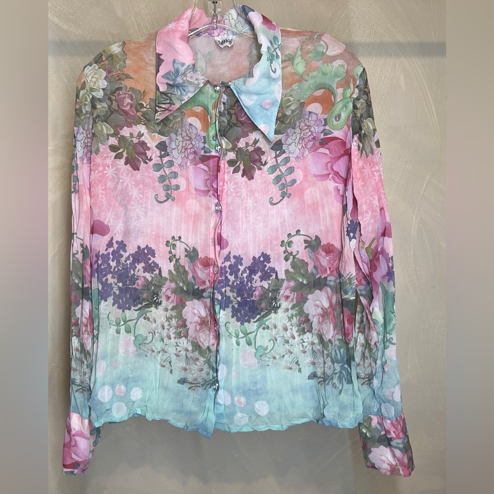 Love Amour womens vintage long sleeve collared Art Deco floral shirt, USA|Size:S